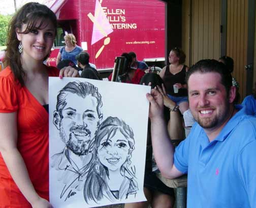 Caricature by Bernie of couple at a summer event